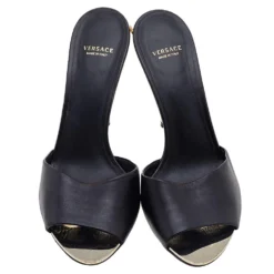 Versace Black Leather Medusa Heel Slide Sandals Size 40 For Women -Versace Official Website luxury women versace used shoes p597897 005