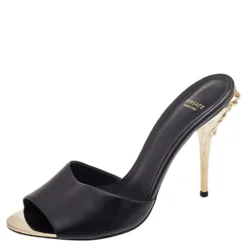 Versace Black Leather Medusa Heel Slide Sandals Size 40 For Women