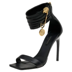 Versace Black Leather Medusa Safety Pin Ankle Cuff Sandals Size 37 For Women