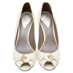 Versace Cream Patent Leather Medusa Peep Toe Pumps Size 37.5 For Women -Versace Official Website luxury women versace used shoes p599646 004