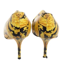 Versace Yellow/Black Barocco Print Leather Pointed-Toe Pumps Size 38 For Women -Versace Official Website luxury women versace used shoes p606190 006