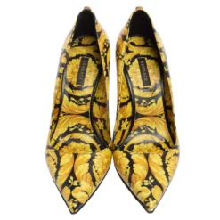 Versace Yellow/Black Barocco Print Leather Pointed-Toe Pumps Size 38 For Women -Versace Official Website luxury women versace used shoes p606190 007