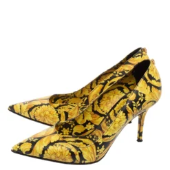Versace Yellow/Black Barocco Print Leather Pointed-Toe Pumps Size 38 For Women -Versace Official Website luxury women versace used shoes p606190 008
