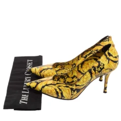 Versace Yellow/Black Barocco Print Leather Pointed-Toe Pumps Size 38 For Women -Versace Official Website luxury women versace used shoes p606190 009