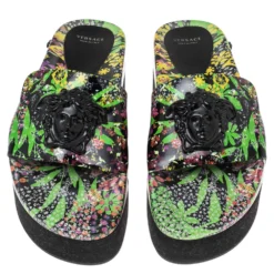 Versace Multicolor Flower Print Patent Leather Medusa Slide Sandals Size 39 For Women -Versace Official Website luxury women versace used shoes p609953 007