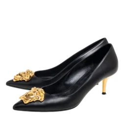 Versace Black Leather Medusa Head Pointed-Toe Pumps Size 38 For Women -Versace Official Website luxury women versace used shoes p610438 002