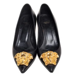 Versace Black Leather Medusa Head Pointed-Toe Pumps Size 38 For Women -Versace Official Website luxury women versace used shoes p610438 005