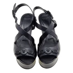 Versace Black Leather Wedge Criss Cross Platform Sandals Size 39 For Women -Versace Official Website luxury women versace used shoes p611323 004