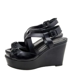 Versace Black Leather Wedge Criss Cross Platform Sandals Size 39 For Women -Versace Official Website luxury women versace used shoes p611323 010