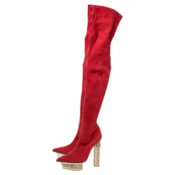 Versace Red Suede Platform Over The Knee Boots Size 39 For Women -Versace Official Website luxury women versace used shoes p616738 001