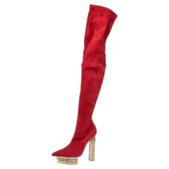 Versace Red Suede Platform Over The Knee Boots Size 39 For Women