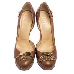 Versace Brown Leather D'orsay Pumps Size 38 For Women -Versace Official Website luxury women versace used shoes p616925 003