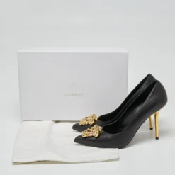 Versace Black Leather Medusa Head Pumps Size 37 For Women -Versace Official Website luxury women versace used shoes p621178 002