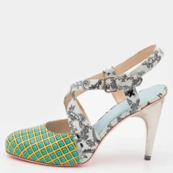 Versace Multicolor Printed Leather Criss Cross Slingback Sandals Size 37 For Women