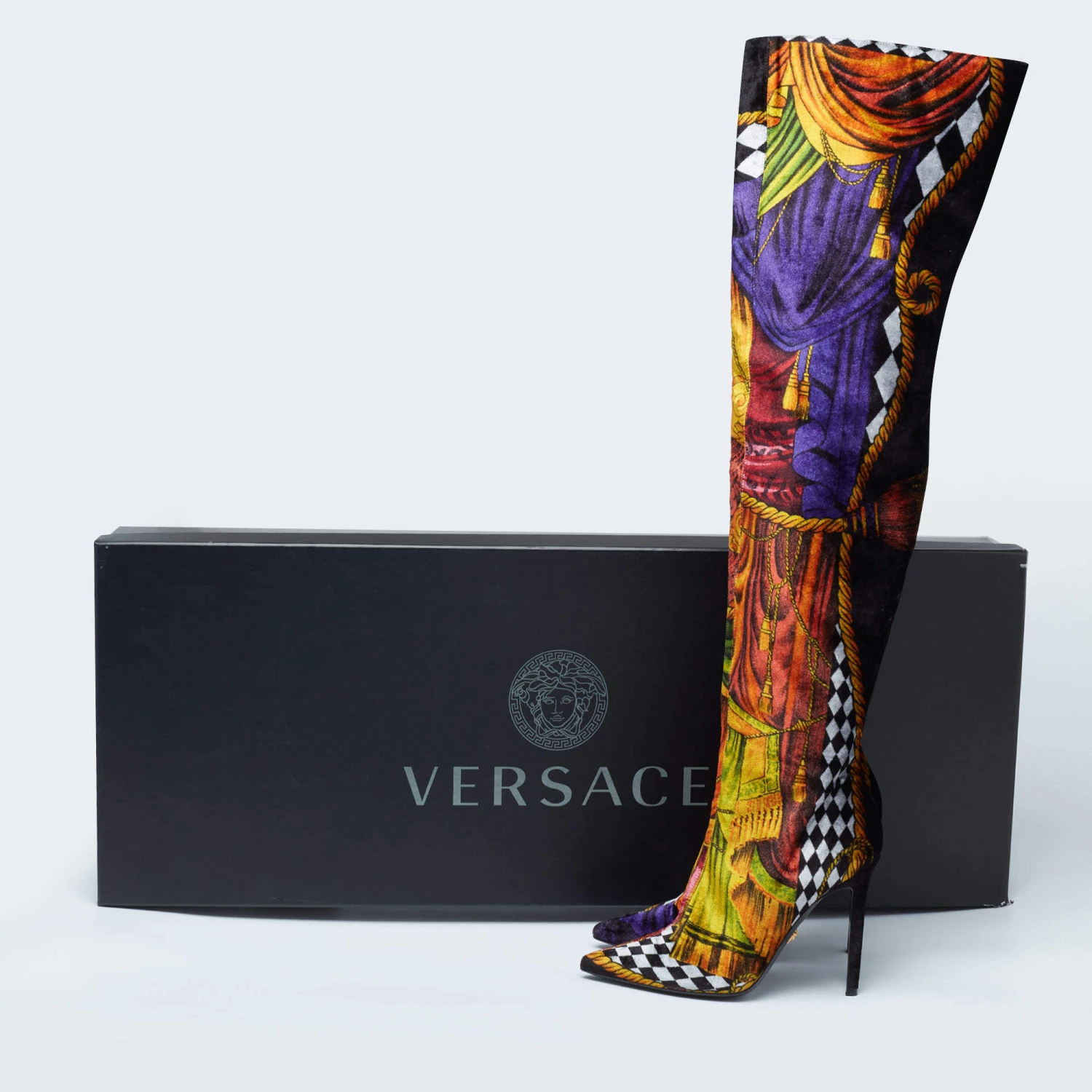 Versace Multicolor Velvet Pointed Toe Over The Knee Boots Size 37 For Women 9 Versace Multicolor Velvet Pointed Toe Over The Knee Boots Size 37 For Women - Image 9