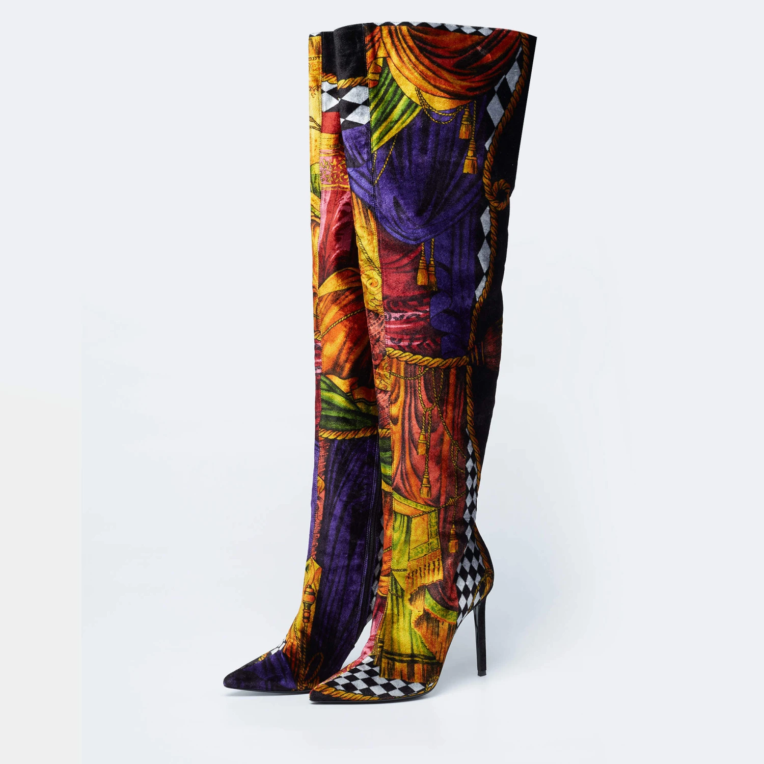 Versace Multicolor Velvet Pointed Toe Over The Knee Boots Size 37 For Women 2 Versace Multicolor Velvet Pointed Toe Over The Knee Boots Size 37 For Women - Image 2