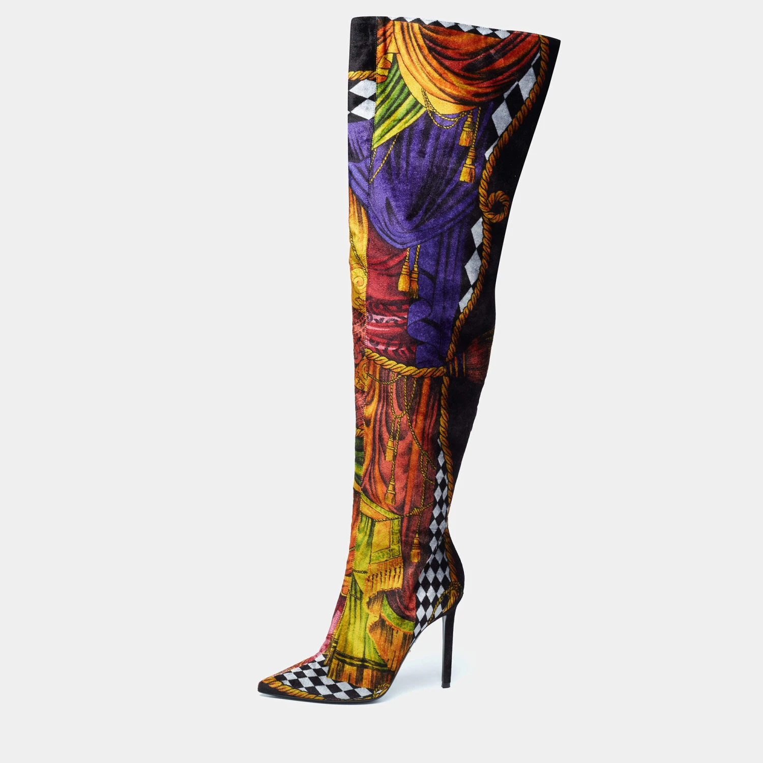 Versace Multicolor Velvet Pointed Toe Over The Knee Boots Size 37 For Women 1 Versace Multicolor Velvet Pointed Toe Over The Knee Boots Size 37 For Women