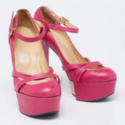 Versace Pink Leather Platform Mary Jane Pumps Size 36 For Women -Versace Official Website luxury women versace used shoes p625227 1650345902 003