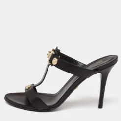 Versace Black Leather Medusa Slide Sandals Size 40 For Women