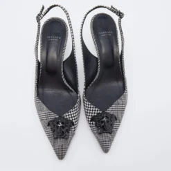 Versace Black/White Houndstooth Fabric Palazzo Medusa Slingback Sandals Size 40 For Women -Versace Official Website luxury women versace used shoes p637776 004