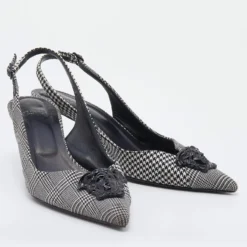Versace Black/White Houndstooth Fabric Palazzo Medusa Slingback Sandals Size 40 For Women -Versace Official Website luxury women versace used shoes p637776 005