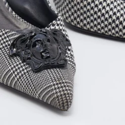 Versace Black/White Houndstooth Fabric Palazzo Medusa Slingback Sandals Size 40 For Women -Versace Official Website luxury women versace used shoes p637776 006