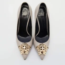 Versace Grey Leather Medusa Pointed Toe Pumps Size 36.5 For Women -Versace Official Website luxury women versace used shoes p640631 006