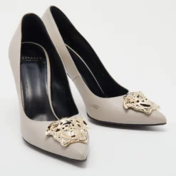 Versace Grey Leather Medusa Pointed Toe Pumps Size 36.5 For Women -Versace Official Website luxury women versace used shoes p640631 007