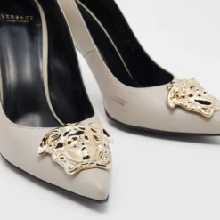 Versace Grey Leather Medusa Pointed Toe Pumps Size 36.5 For Women -Versace Official Website luxury women versace used shoes p640631 008