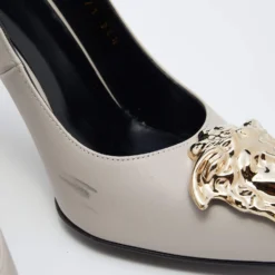 Versace Grey Leather Medusa Pointed Toe Pumps Size 36.5 For Women -Versace Official Website luxury women versace used shoes p640631 009