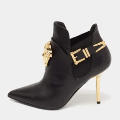 Versace Black Leather Medusa Head Booties Size 35 For Women