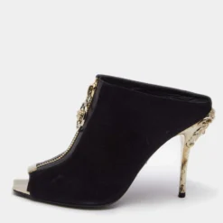 Versace Black Suede Medusa Zip Mule Sandals Size 38 For Women