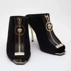 Versace Black Suede Medusa Zip Mule Sandals Size 38 For Women -Versace Official Website luxury women versace used shoes p642049 006