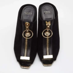 Versace Black Suede Medusa Zip Mule Sandals Size 38 For Women -Versace Official Website luxury women versace used shoes p642049 007