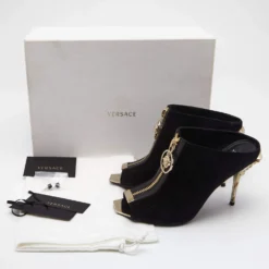 Versace Black Suede Medusa Zip Mule Sandals Size 38 For Women -Versace Official Website luxury women versace used shoes p642049 009
