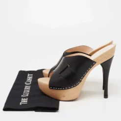 Versace Black Leather And Wooden Platform Slide Sandals Size 38.5 For Women -Versace Official Website luxury women versace used shoes p644680 001