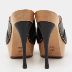 Versace Black Leather And Wooden Platform Slide Sandals Size 38.5 For Women -Versace Official Website luxury women versace used shoes p644680 006