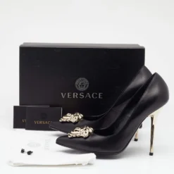 Versace Black Leather Medusa Embellished Pointed Toe Pumps Size 38 For Women -Versace Official Website luxury women versace used shoes p652004 002