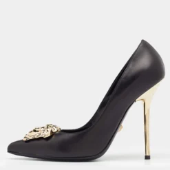 Versace Black Leather Medusa Embellished Pointed Toe Pumps Size 38 For Women