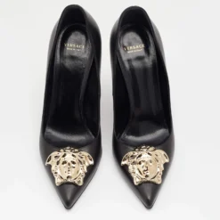 Versace Black Leather Medusa Embellished Pointed Toe Pumps Size 38 For Women -Versace Official Website luxury women versace used shoes p652004 004