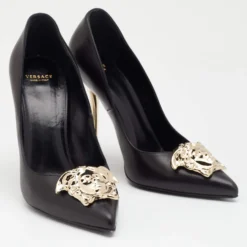 Versace Black Leather Medusa Embellished Pointed Toe Pumps Size 38 For Women -Versace Official Website luxury women versace used shoes p652004 005