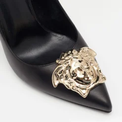 Versace Black Leather Medusa Embellished Pointed Toe Pumps Size 38 For Women -Versace Official Website luxury women versace used shoes p652004 006