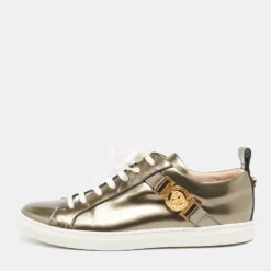 Versace Metallic Bronze Patent Medusa Embellished Low Top Sneakers Size 38 For Women