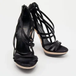 Versace Black Satin Strappy Sandals Size 37 For Women -Versace Official Website luxury women versace used shoes p654826 005