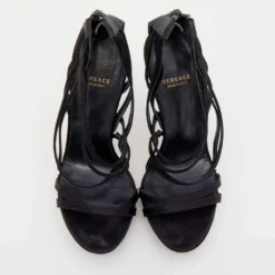 Versace Black Satin Strappy Sandals Size 37 For Women -Versace Official Website luxury women versace used shoes p654826 006