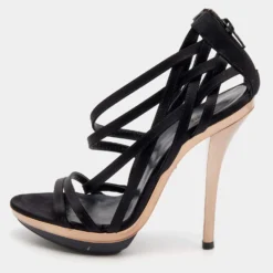 Versace Black Satin Strappy Sandals Size 37 For Women