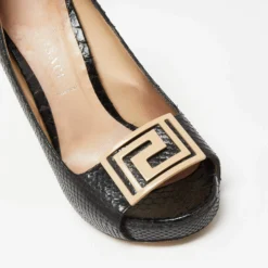 Versace Black Snakeskin Embossed Leather Open Toe Pumps Sze 36.5 For Women -Versace Official Website luxury women versace used shoes p656297 006