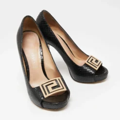Versace Black Snakeskin Embossed Leather Open Toe Pumps Sze 36.5 For Women -Versace Official Website luxury women versace used shoes p656297 007