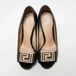 Versace Black Snakeskin Embossed Leather Open Toe Pumps Sze 36.5 For Women -Versace Official Website luxury women versace used shoes p656297 009