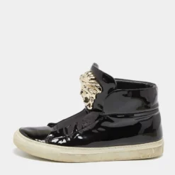 Versace Black Patent Leather Palazzo Medusa High Top Sneakers Size 38 For Women